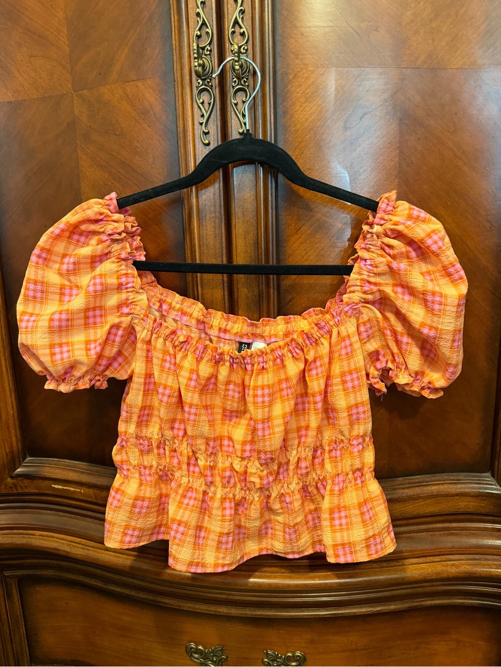 H&M Divided Orange and Pink Plaid Smocked Puff-Sleeve Crop Top size small